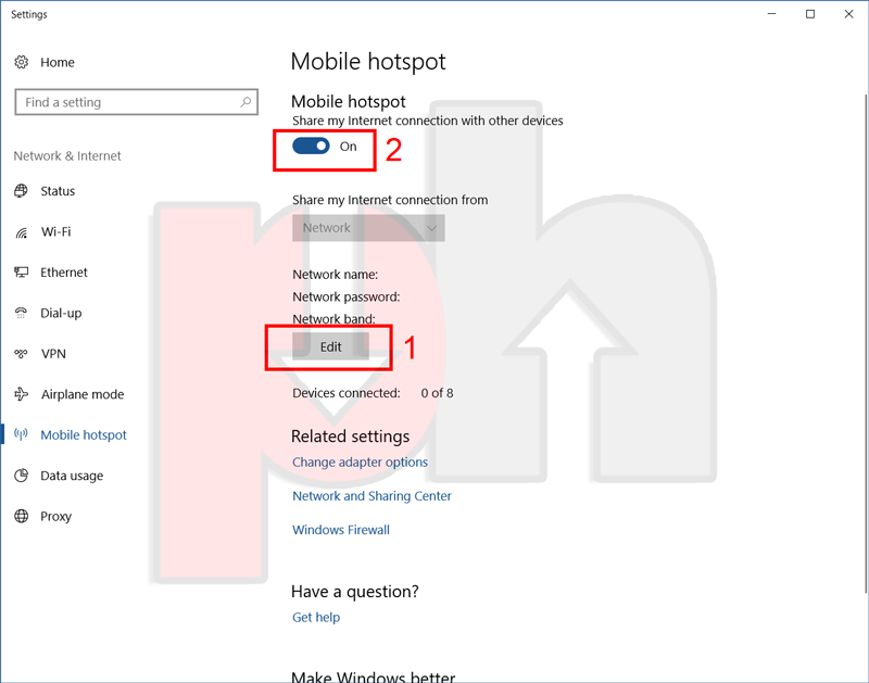 Activating mobile hotspot in windows 10