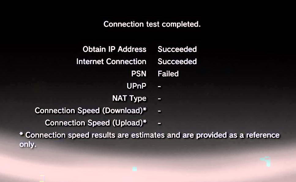 PS/Xbox game console internet connection failed screen shot