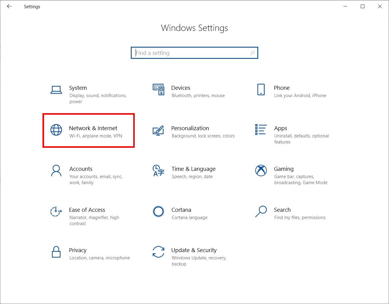 Openning netowork and internet windows settings menu