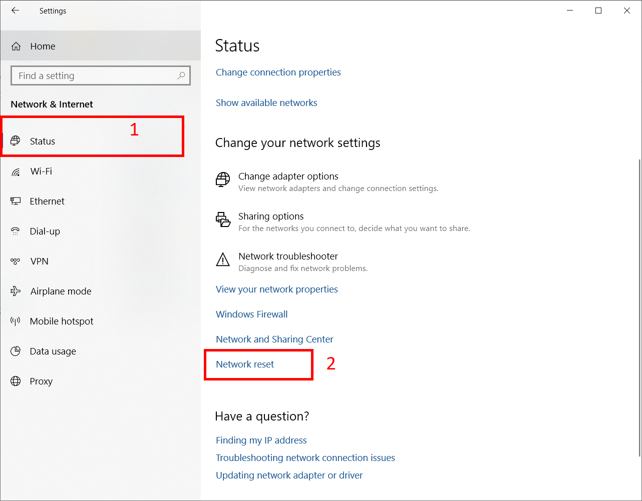 Openning network reset windows settings menu