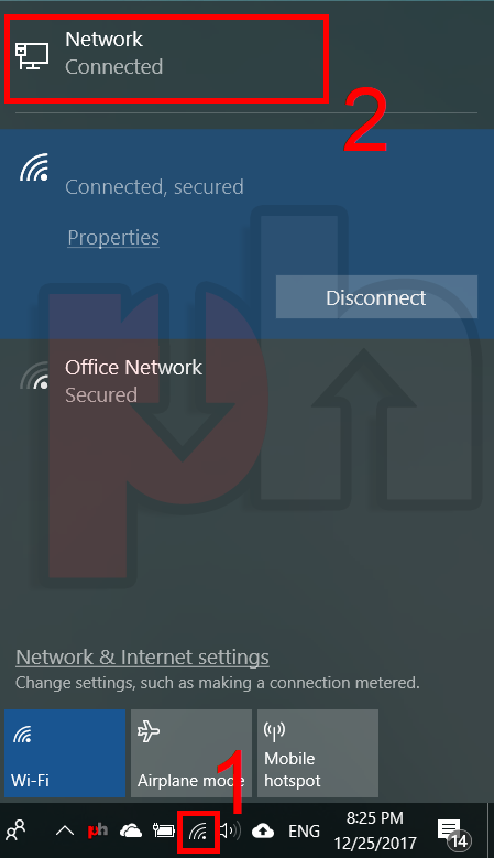 Showing the list of network adaptors from taskbar