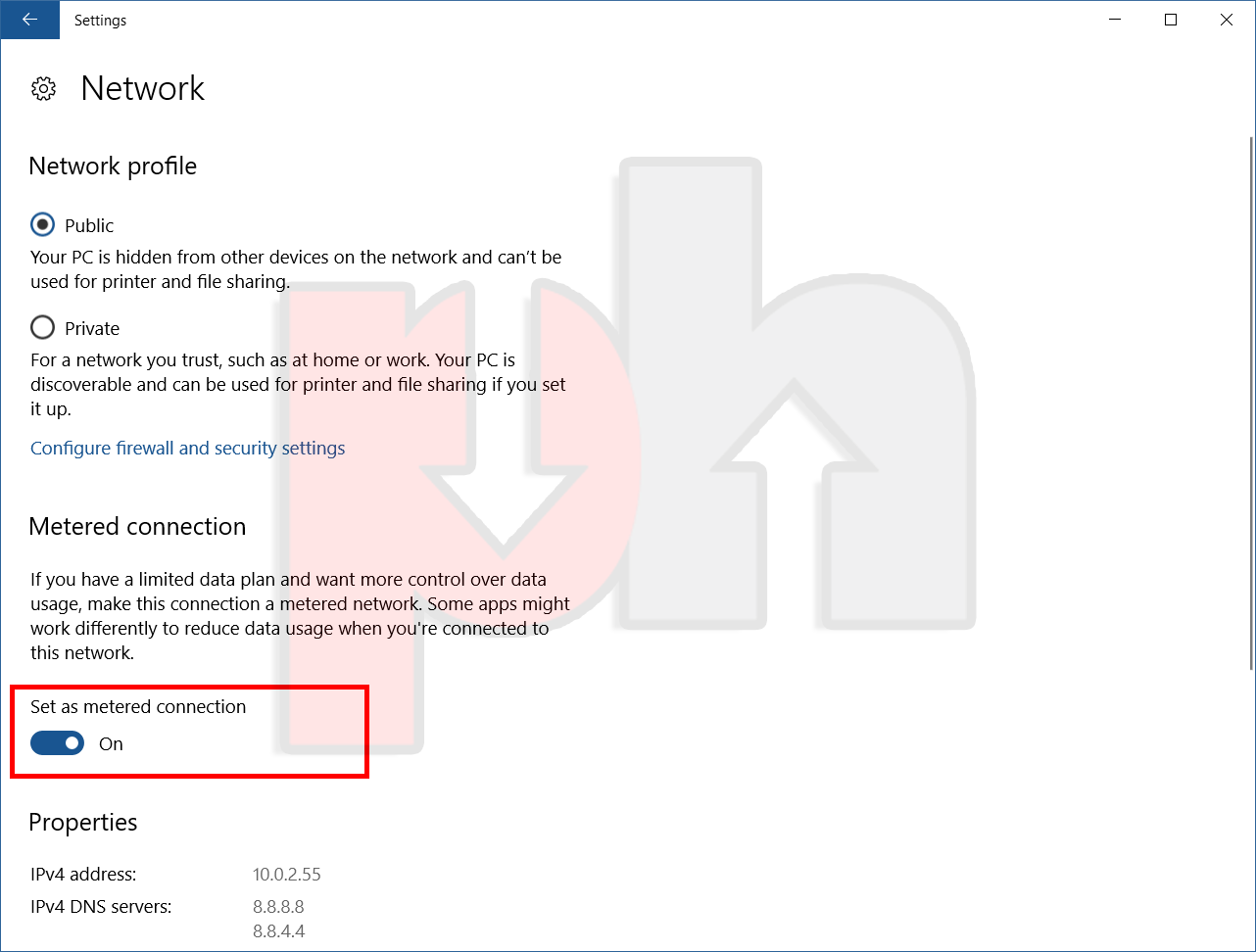 Turing off metered connection for PingHint virtual network adaptor