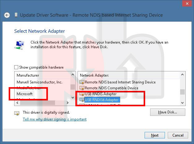 Choosing Microsoft Manufacture and USB RNDIS6 Adaptor screen shot