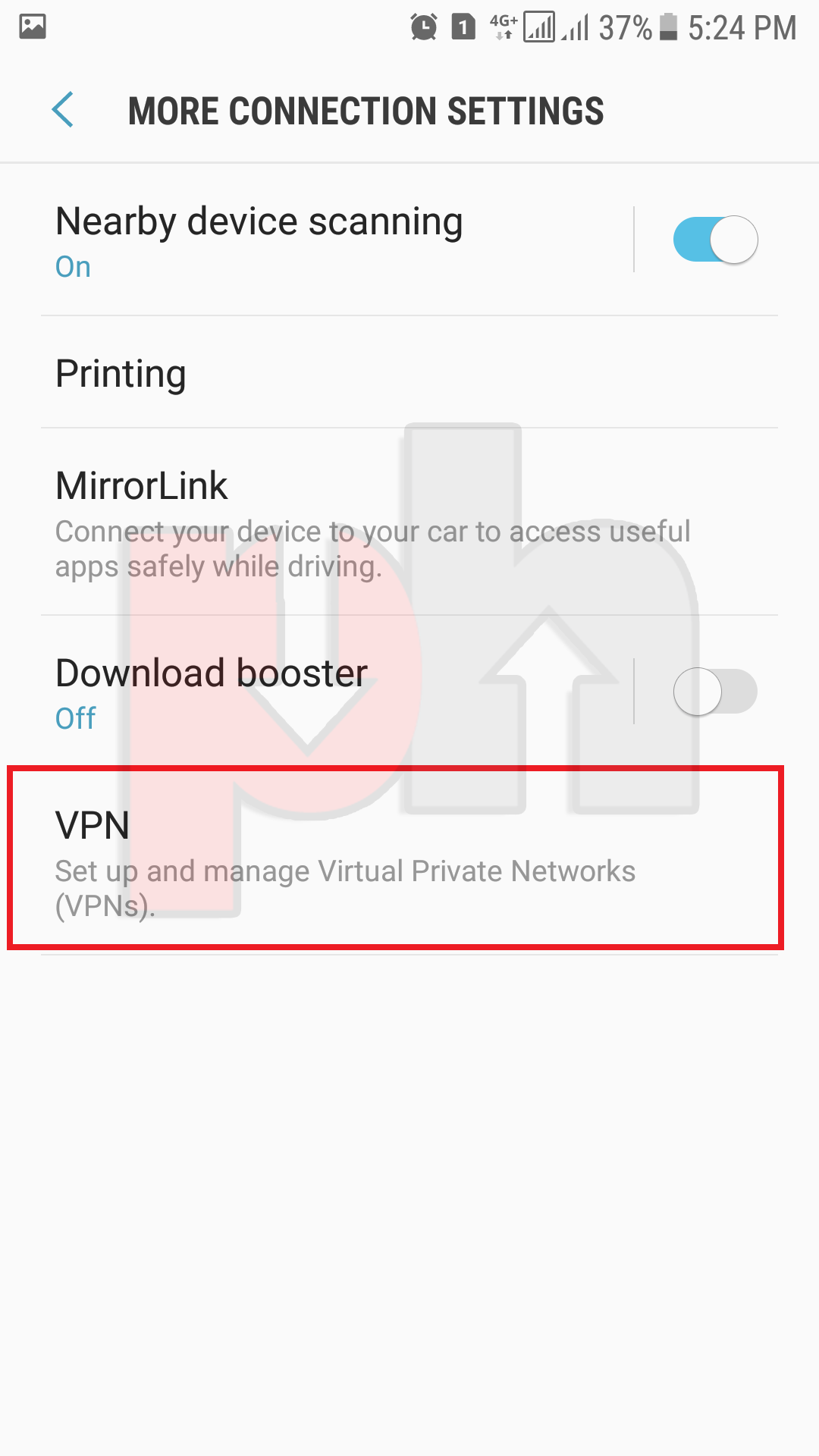 Android settings >> connections >> more connection settings screenshot