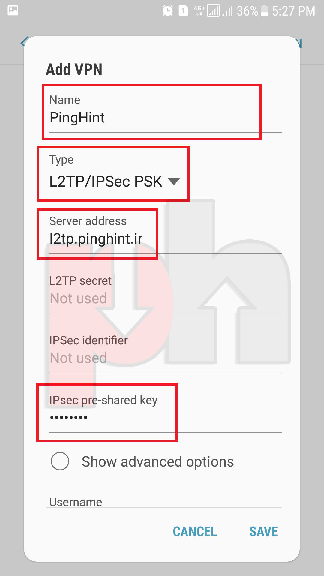 Android add l2tp connection screenshot