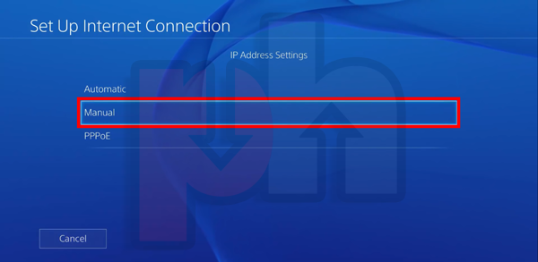 Choosing manual configuration for ip address settings in PS console