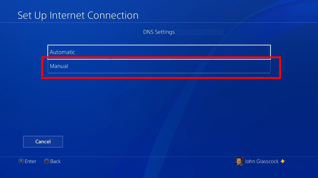 Choosing manual dns settings for ps console