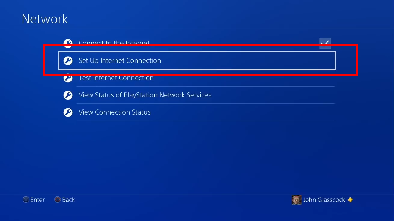 Entering PS game console set up internet connection settings