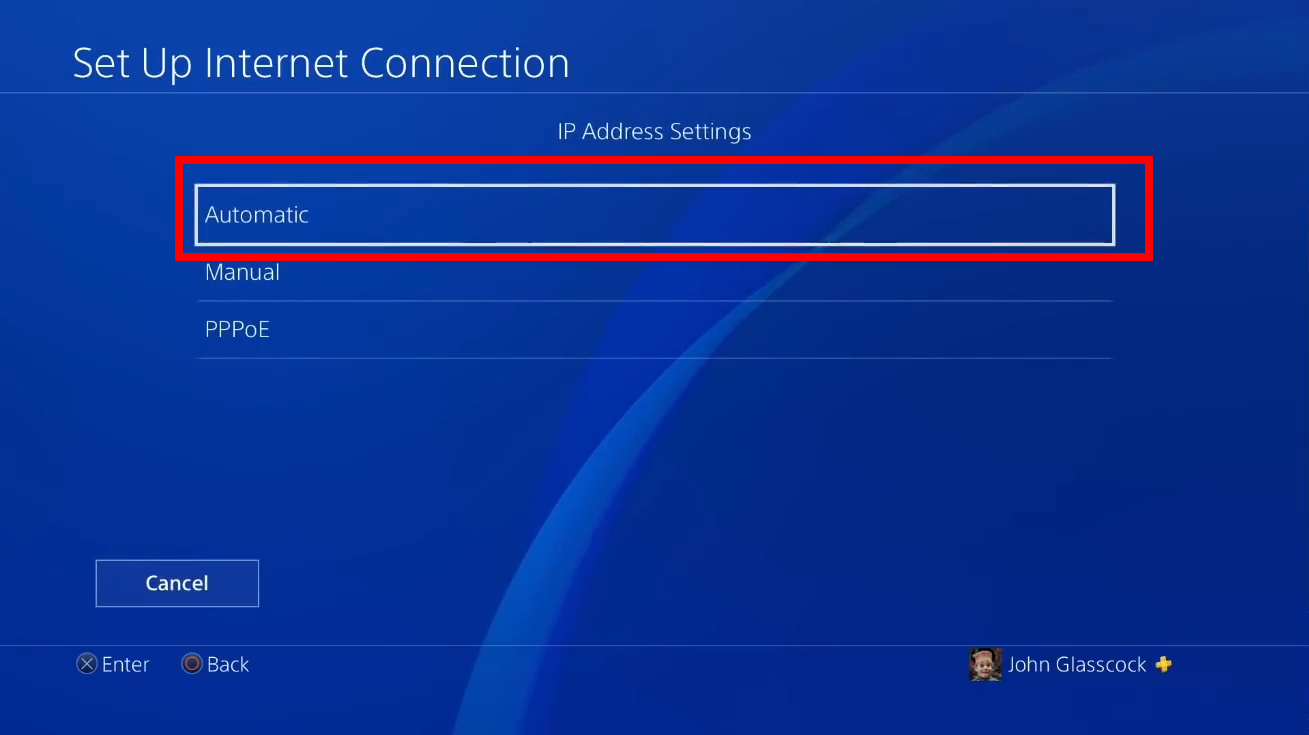 Choosing automatic configuration for ip address settings in PS console