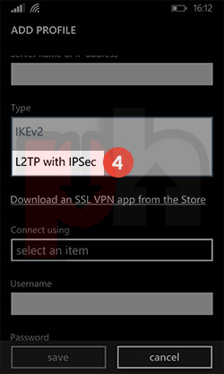 Windows phone settings >> connection list >> add connection profile >> connection type menu