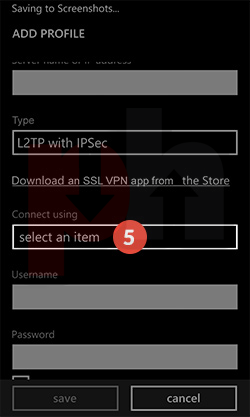Windows phone settings >> connection list >> add connection profile >> connect using menu