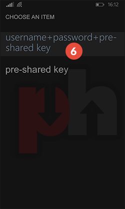 Windows phone L2TP username password pre-shared key mode menu