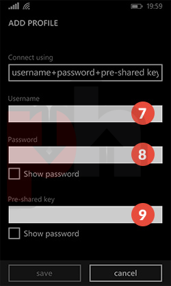 Windows phone L2TP Setting username password and pre-shared key