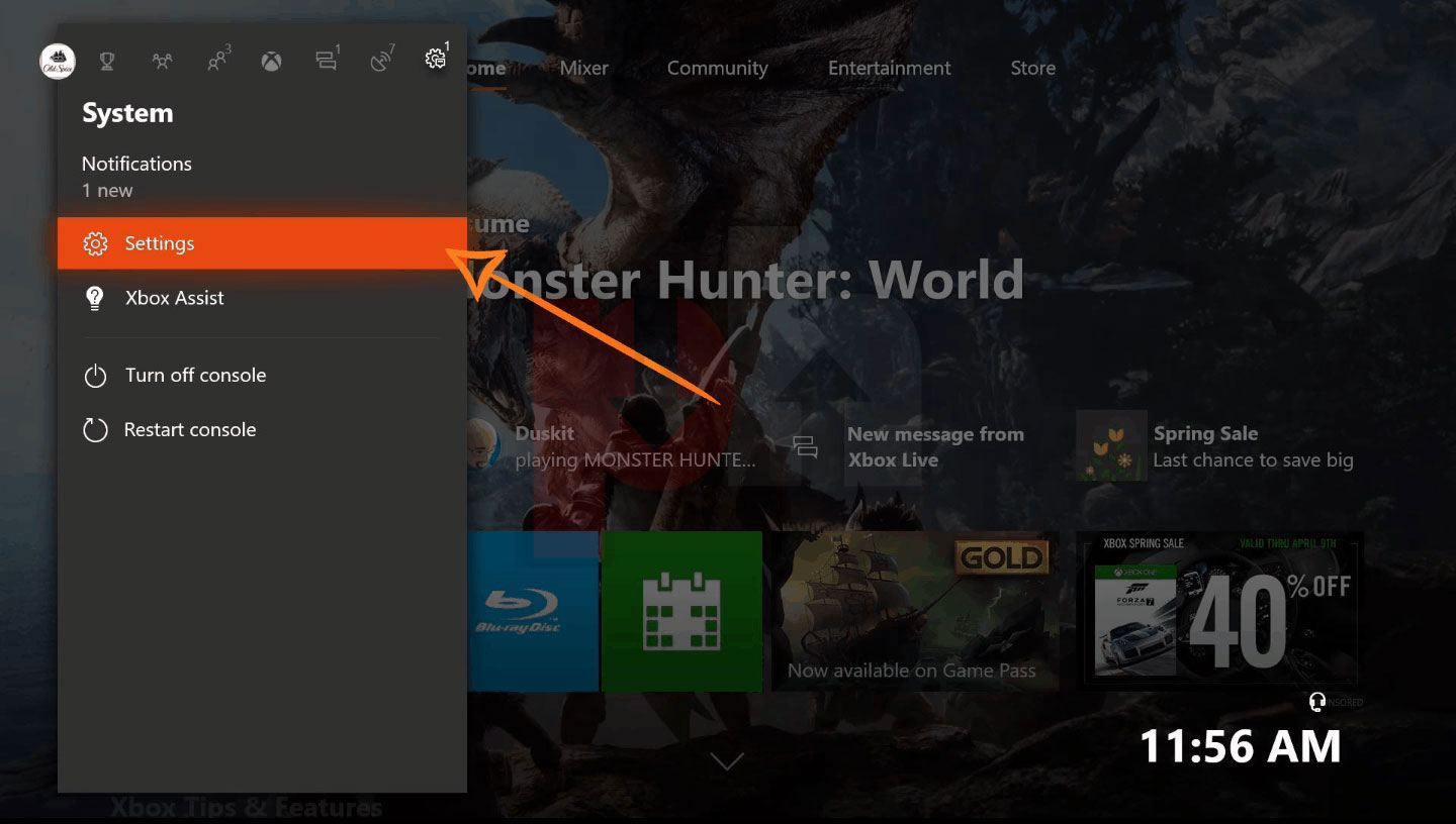 Entering settings on Xbox one/Xbox 360 game console